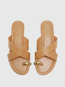 CUCCOO BIZCHIC Ladies' Elegant Summer Camel PU-Faced Flat-Bottomed Slippers - Camel - View 6