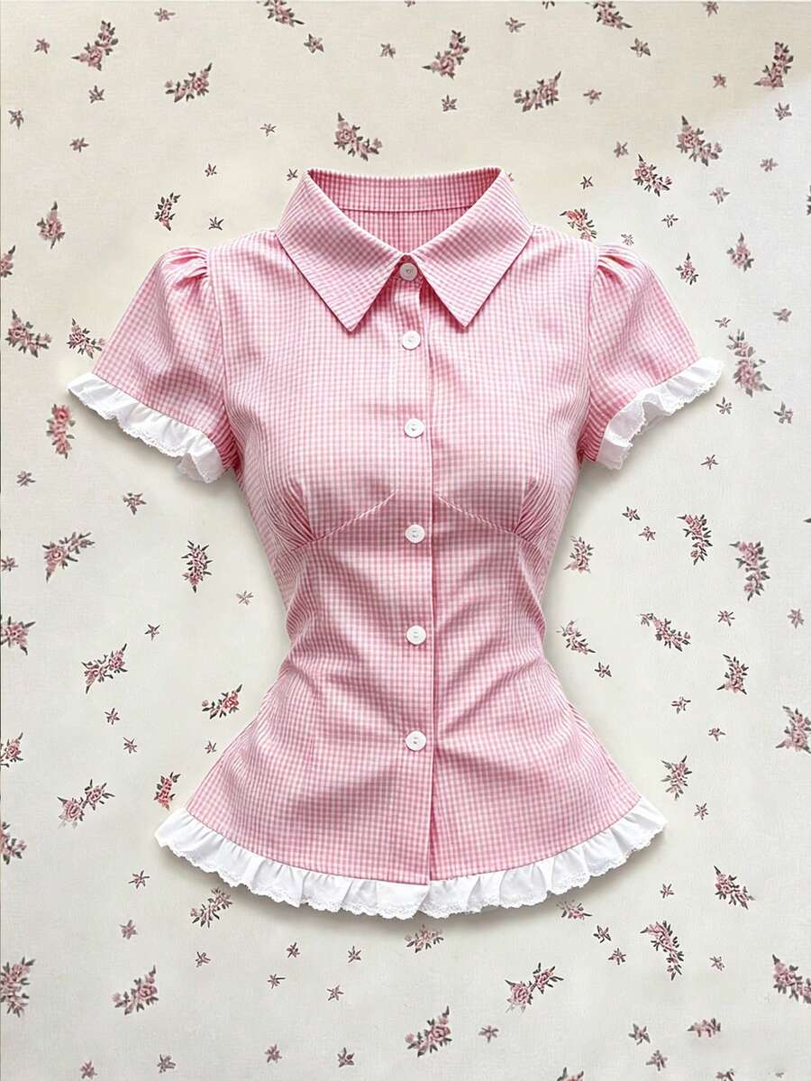 SHEIN 女士春夏新款蓝色格子撞色蕾丝修身休闲/工作/派对/度假短袖衬衫 - 粉色 - 查看 1