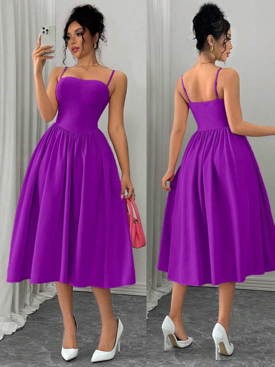 Rafferiza Vestido camiseta ajustado en la cintura con volantes en el bajo, versátil y de moda para una cita nocturna o fiesta, para otoño/invierno - Morado Violeta - Ver 1