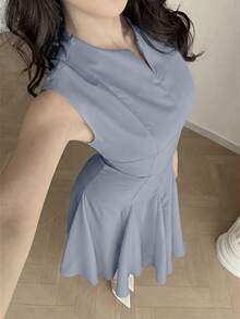 Feyla 女士纯色拉链设计优雅通勤迷你连衣裙 - 藍色 - 查看 7
