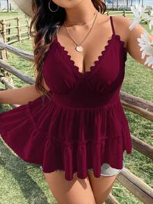 Flirla Plus Size Solid Color Spaghetti Strap V-Neck Summer Tank Top With Lace Trim - Burgundy - View 1