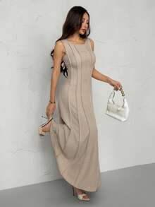 SHEIN PETITE Đầm dài bằng vải lanh mới cho nữ, đầm chữ A xẻ tà xếp ly, đầm dài thanh lịch, đầm hè cho nữ mặc đi nghỉ mát, đầm dài suông giả vải lanh, trang phục công sở thường ngày cho nữ, quần áo mùa thu dự tiệc hè cho nữ - Màu be - Xem 6
