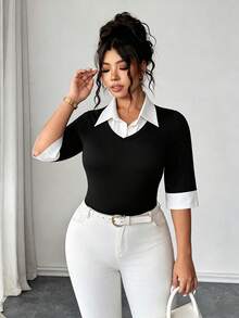 SHEIN Clasi 大码女式拼接撞色休闲百搭日常上衣 - 黑與白 - 查看 4