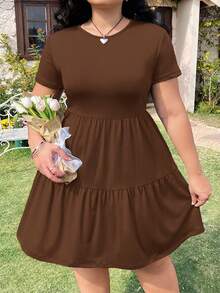 Solflare Black Short Sleeve Loose Fit Plus Size T-Shirt Dress, Spring Summer Clothes - Coffee Brown - View 3