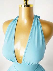 Mistrie Black Tight-Fitting Romper With Deep V-Neck, Backless Strap - Baby Blue - View 6