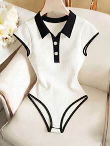 SHEIN Franclia 女士休闲日常通勤撞色滚边 Polo 领罗纹针织连体衣，夏季 - 黑與白 - 查看 1
