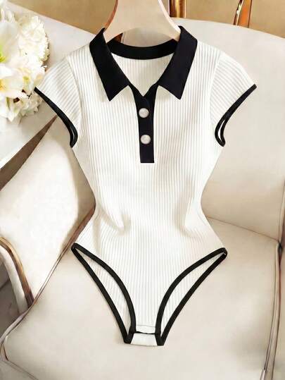 SHEIN Franclia Women's Casual Everyday Commute Contrast Trim Polo Collar Ribbed Knit Bodysuit, Summer