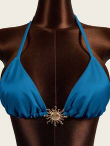 Zestiva Conjunto de Maiô Sexy de Alta Qualidade com Decoração Solar em Cor Sólida, Adequado para Férias na Praia - Azul petróleo - Visão 5
