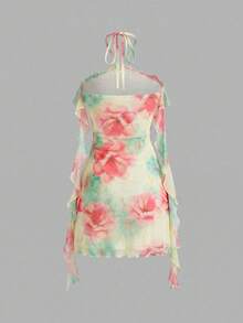 Skyraze Women's Floral Print Decorative Floral Sleeveless Mini Dress, Suitable For Vacation - Light Yellow - View 7