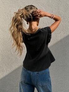 Serisse Blusa de verano holgada con cuello en V, mangas cortas y volantes en el bajo - Negro - Ver 2