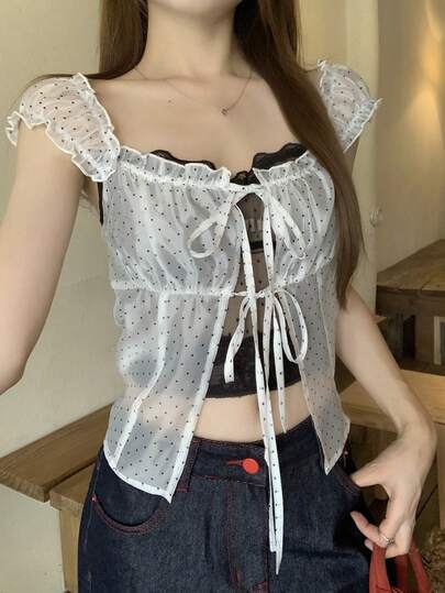 DAZY 女士休闲拼接撞色系带褶皱公主袖衬衫，适合夏季度假