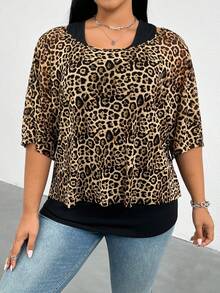 SHEIN Essnce Ensemble deux pièces pour femmes grandes tailles, mode printemps/été décontracté, extensible et confortable. Gilet long noir polyvalent et affinant, avec cache-maillot transparent à imprimé léopard. Tenue de sortie, tenue de travail, style simple, été européen - Tabac - Voir 7