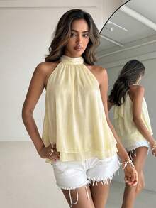 Aloruh Women's Casual Vacation Minimalist Solid Color Knotted Halter Top,Summer Top - Light Yellow - View 4