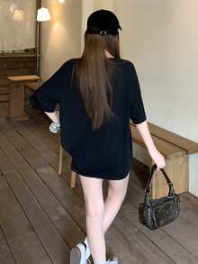 DAZY Áo thun nữ cổ tròn tay raglan in chữ, kiểu dáng thường ngày, thích hợp cho mùa xuân và hè. - màu đen - Xem 5