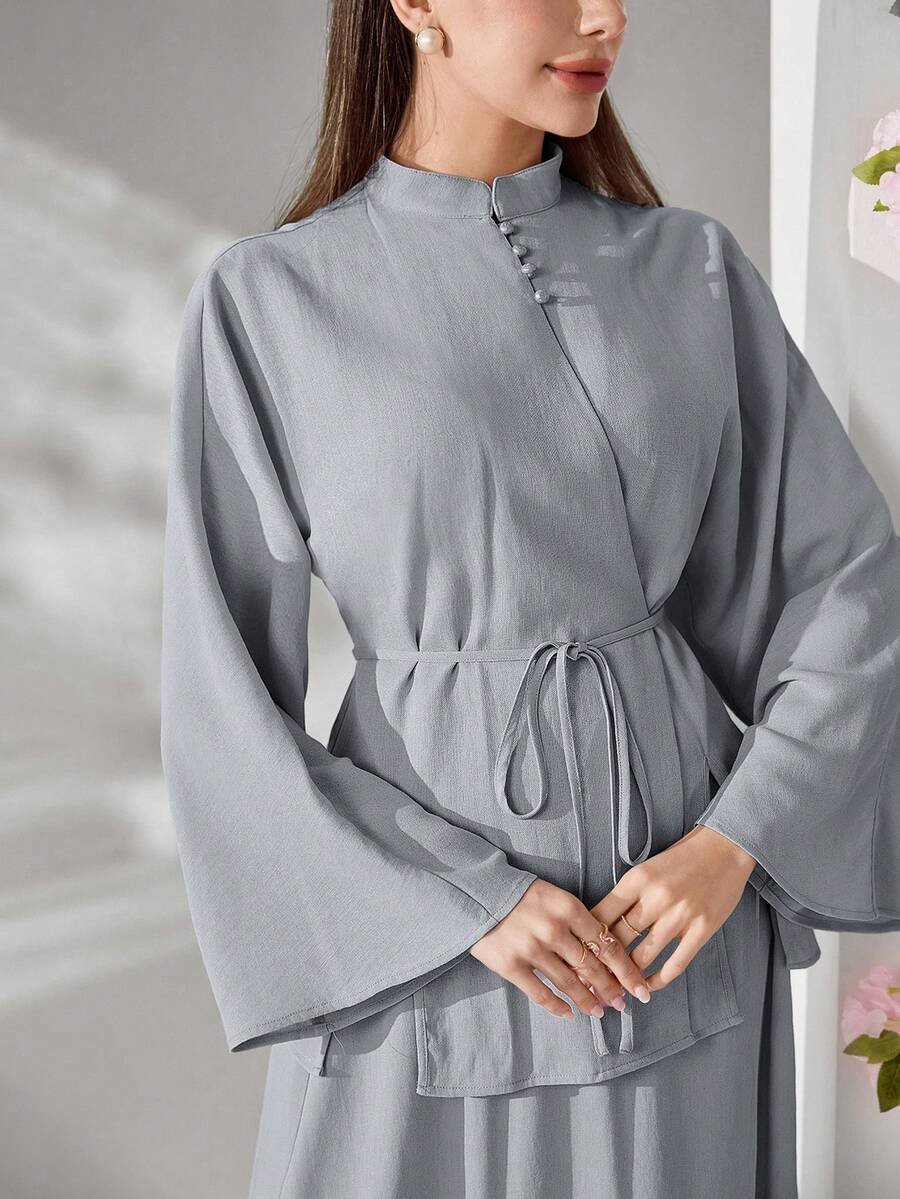 Al Najma 女士纯色纽扣设计长袖衬衫和中长裙优雅两件套 - 藍色 - 查看 1