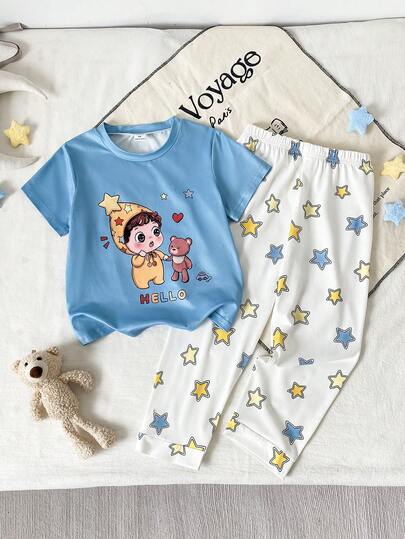 SHEIN 1 Set Boys Toddler Round Neck Short Sleeve Top And Matching Long Pants Pajamas Kids Homewear Blue And White Color Scheme Featuring Cute Cartoon Bear And Child Graphic Pattern With Colorful Star Print Soft Gentle Knit Fabric Casual Summer Sleepwear Comfortable Baby Boys Pajamas For Daily Home Relaxing