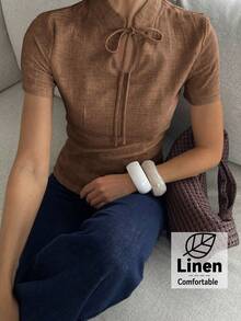 Firerie Áo sơ mi nữ thanh lịch tối giản mặc thường ngày đi làm đi chơi đi biển, màu linen vân tre cổ đứng nhỏ tay ngắn dáng ôm, áo blouse nữ xuân/hè - Cà phê nâu - Xem 3
