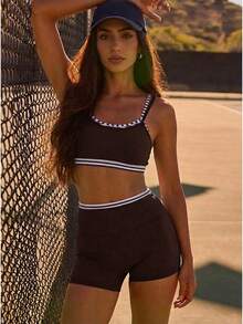 Fluxe Women Striped Cropped Camisole And Shorts Casual 2 Pieces Set - Brown - View 1