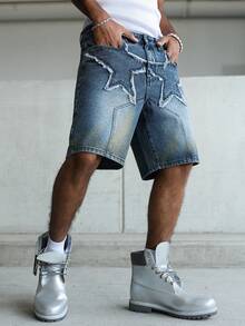 Manfinity EMRG Short en jean délavé avec motif étoile déchiré, style décontracté à la mode pour la rue et les déplacements quotidiens. Été. - Bleu marine - Voir 7