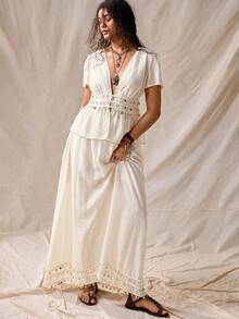 Nubod White,Summer,Boho,Tea Party,Holiday Plus Size Pleated Chiffon V-Neck Short Sleeve Cinched Waist Dress & Elastic Maxi Skirt,2-Piece Set With Shell Trim - Apricot - View 3