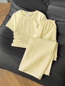 SHEIN 青少年女孩休閒圓領上衣與條紋長褲套裝 - 黃色 - 查看 5