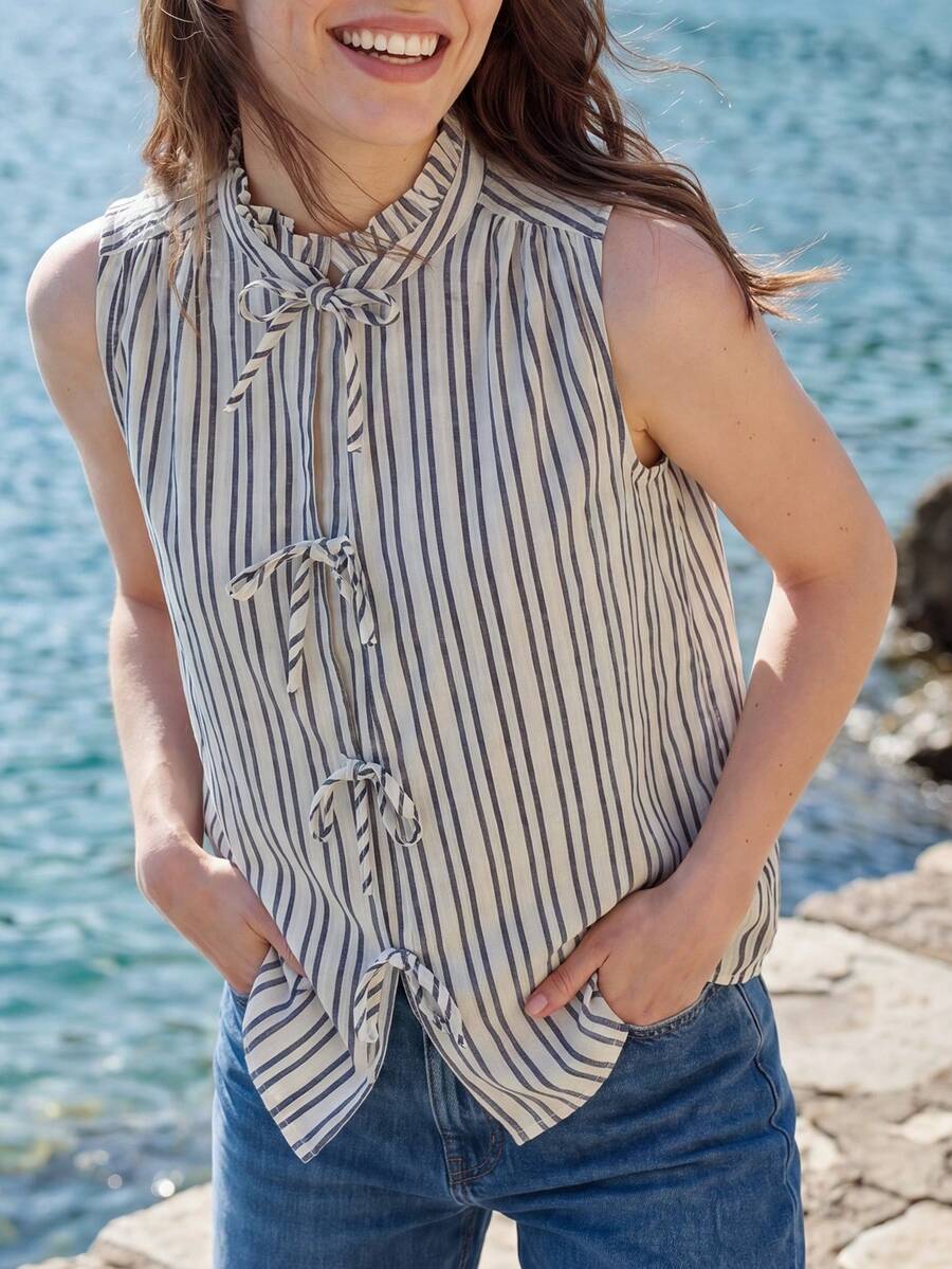 Dayvera Women's Striped Casual Versatile Daily Wear Top - Blue - View 1