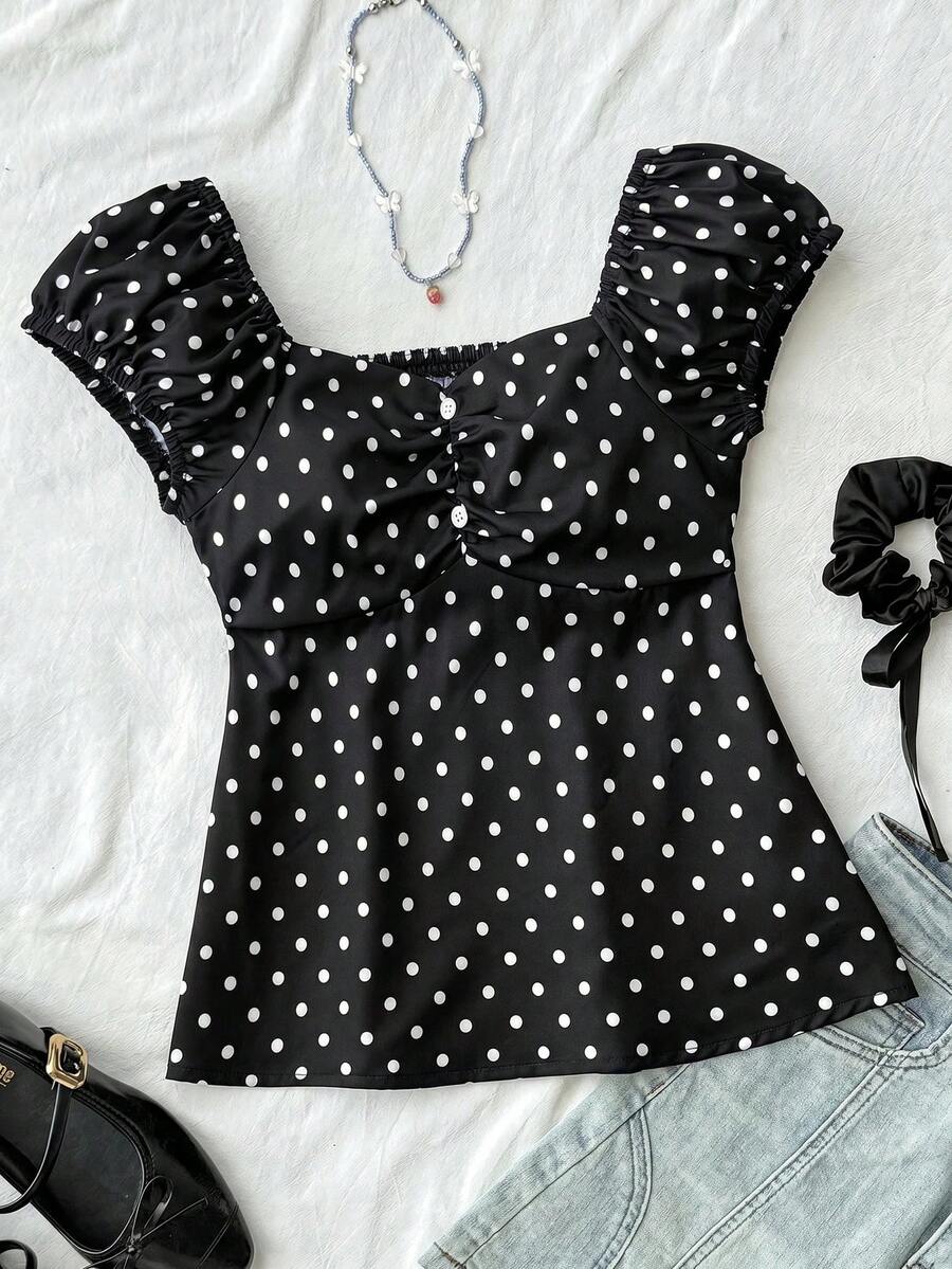 SHEIN 适合少女日常穿着的休闲舒适波点背包衬衫 - 黑色 - 查看 1