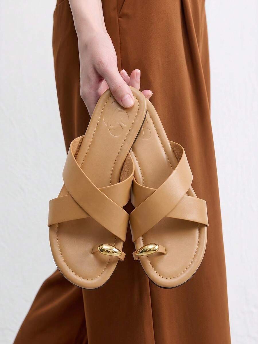 CUCCOO BIZCHIC Ladies' Elegant Summer Camel PU-Faced Flat-Bottomed Slippers - Camel - View 1