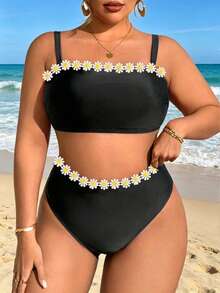 Slaydiva Bộ đồ bơi hai dây tankini cỡ lớn dành cho nữ, phối nhiều màu sắc, có dây đeo rời, kèm quần bikini cạp cao họa tiết hoa nhiều màu sắc. - màu đen - Xem 6