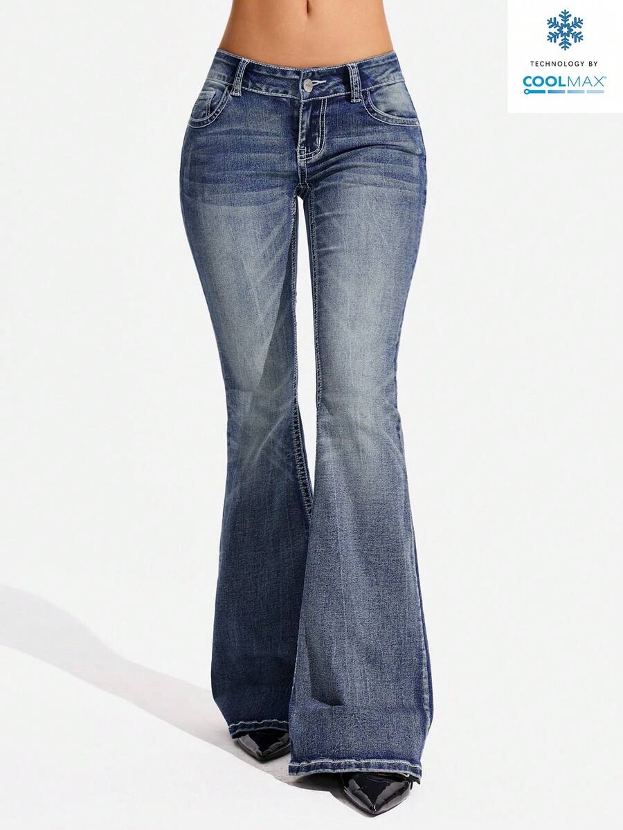 Jeanoix Plus Size Fashionable Casual Y2K Flare Jeans, Versatile - Medium Wash - View 1