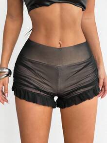 SHEIN ICON Women's Solid Color Ruffle Hem Fashionable Shorts - Black - View 6