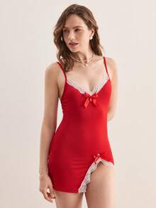 Hourtrue Bộ 2 món áo ngủ hai dây xẻ tà bên hông, viền ren và nơ, thích hợp cho ngày Valentine dành cho nữ. - Nhiều màu - Xem 9