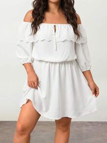 Enliva Vestido Blanco Talla Grande con Hombros Descubiertos, Volantes, Ajuste Holgado y Manga Corta, Para Body Forma de Manzana y Redondeado - Blanco - Ver 6