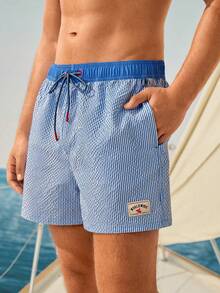 Manfinity VDAYZ Quần short nam dáng casual kẻ sọc, cạp chun, thích hợp đi biển. - Màu xanh nhạt - Xem 3