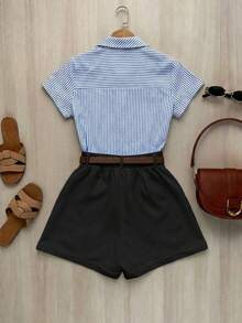 SHEIN Raffinéa Conjunto de 2 piezas para mujer con bloque de color contrastante, rayas, cuello de solapa y pliegues en la cintura, de manga corta - Negro - Ver 2