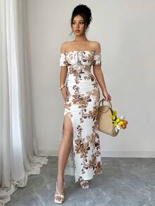 Rafferiza Đầm nữ thanh lịch in hoa, lệch vai, eo chun, xếp ly, xẻ tà cao. - Nhiều màu - Xem 6