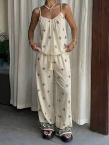 Breezaya Ensemble décontracté et élégant de 2 pièces à imprimé floral bohème pour femmes, débardeur à bretelles fines et pantalon large en mélange de lin pour les vacances, débardeur à bretelles fines et pantalon large 2 pièces pour la maison et les loisirs, ensemble Top débardeur à imprimé floral et pantalon large en mélange de lin pour le quotidien et le brunch, ensemble bohème Y2K de 2 pièces à imprimé floral, tenue d'été blanche pour les vacances - Nude - Voir 2