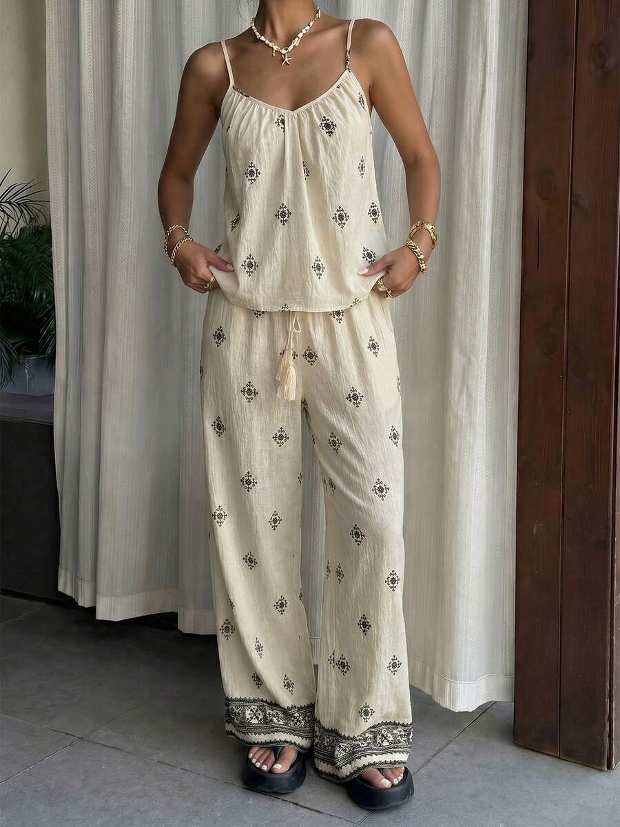 Breezaya Ensemble décontracté et élégant de 2 pièces à imprimé floral bohème pour femmes, débardeur à bretelles fines et pantalon large en mélange de lin pour les vacances, débardeur à bretelles fines et pantalon large 2 pièces pour la maison et les loisirs, ensemble Top débardeur à imprimé floral et pantalon large en mélange de lin pour le quotidien et le brunch, ensemble bohème Y2K de 2 pièces à imprimé floral, tenue d'été blanche pour les vacances