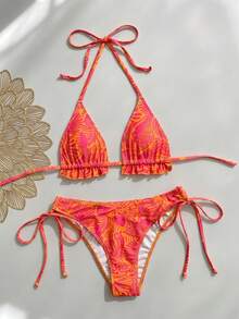 Swim Mod 女士印花三角杯褶皱系带高领三角泳裤比基尼泳衣套装 - 彩色 - 查看 4