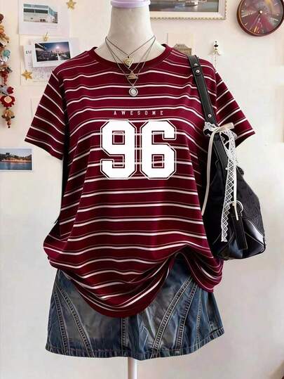 Tween Girls' Digital Striped Print Short Sleeve Top, Casual & Comfortable For Spring/Summer, Versatile Streetwear, Suitable For Outdoor Activities, Picnics, Photography, Vacations, Gifts, Daily Wear - Burgundy Stripe, White Stripe
