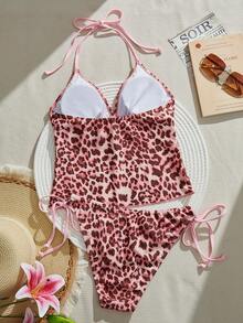 Swim Mod Bộ bikini 2 mảnh họa tiết da báo dành cho nữ, áo hai dây và bikini kiểu dáng thoải mái, thích hợp cho kỳ nghỉ hè ở bãi biển và các buổi tiệc. - Hồng - Xem 2