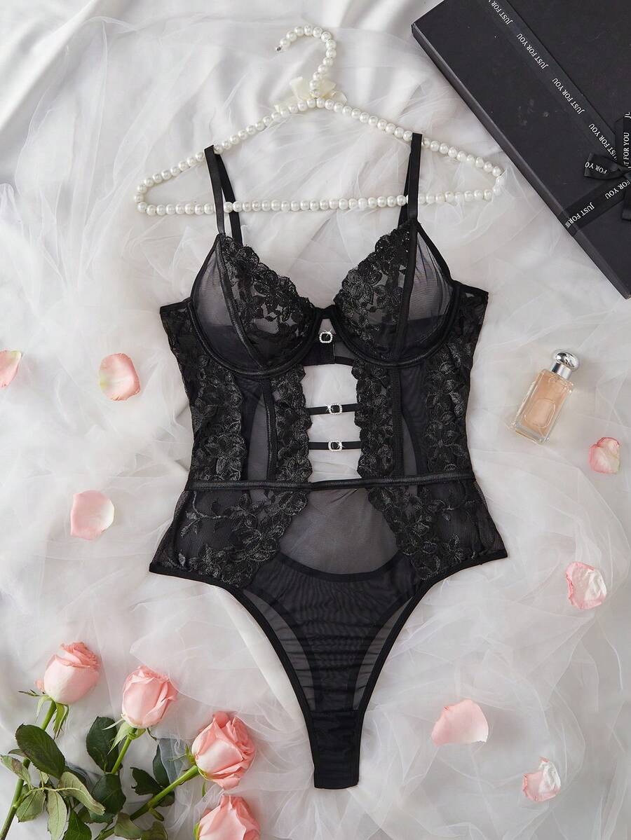 SHEIN 1件装女士性感花卉刺绣网纱连体衣 - 黑色 - View 1