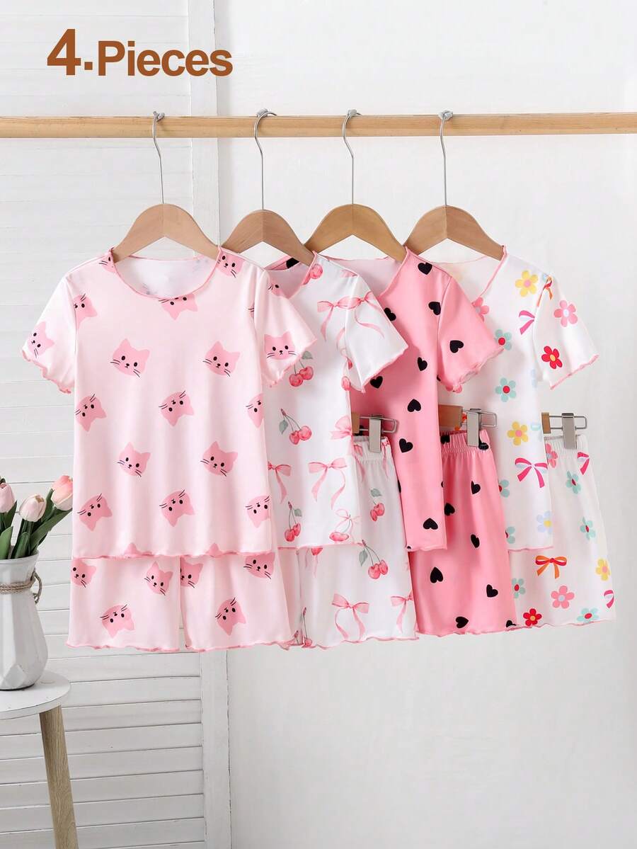 SHEIN 两件套女童时尚白色粉色卡通猫咪水果印花圆领短袖轻薄睡衣,采用亲肤光滑针织面料,适合夏季室内休闲穿着,舒适透气,休闲时尚,搭配同款短裤,尽显女童魅力。 - 彩色 - 查看 1