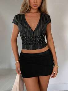 TRNVIE Camisa ajustada de mujer con mangas cortas y rayas - Blanco y Negro - Ver 4