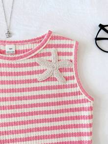 SHEIN Tween Girl Casual Comfortable Round Neck Sleeveless Starfish Decor Striped Tank Top And Shorts 2-Piece Set - Pink - View 6