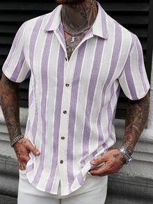 Manfinity CasualCool Camisa polo de hombre de talla grande con textura de jacquard a rayas - Morado - Ver 6