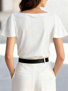 SHEIN Clasi Women's Solid Color Loose Asymmetrical Sleeve T-Shirt - White - View 2