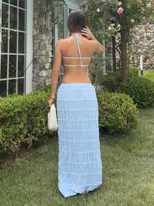 Ronhire 女款度假戶外浪漫掛脖露背低腰裙套裝 海灘裙套裝 夏季裙子與上衣套裝 夏季兩件套 女款海灘兩件套 兩件式裙套裝 - 藍色 - 查看 2