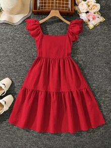 Emery Rose Kids Emery Rose Kids 少女平纹方领荷叶边休闲连衣裙 米色连衣裙 女童米色连衣裙 少女香槟色连衣裙 女童荷叶边连衣裙 - 紅色 - 查看 3