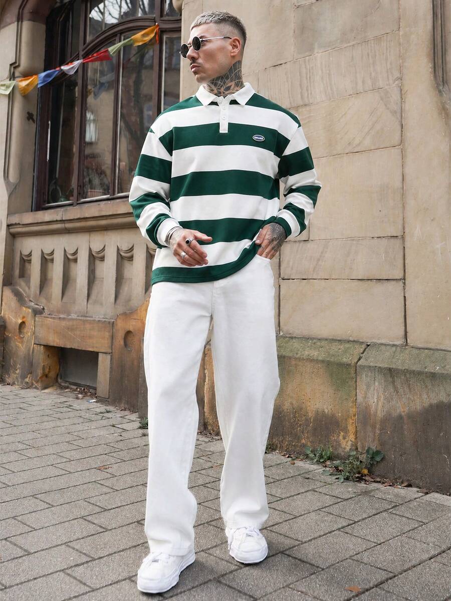 Artur Kramer Men Striped Collared Button Front Long Sleeve Fashion Sweatshirt - Green - View 1